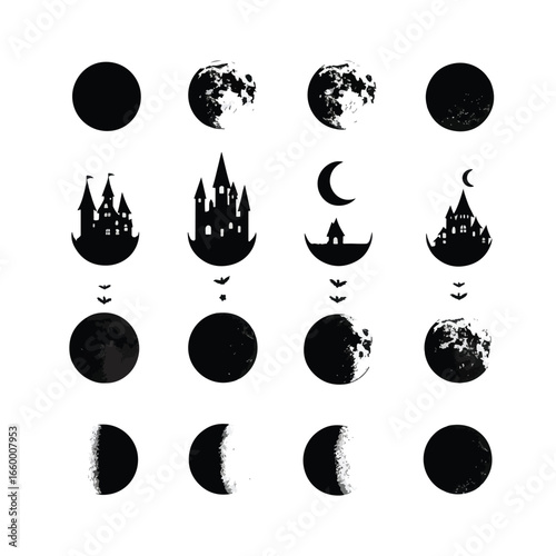 Halloween Moon Phases isolated in White background, silhouette Set, Halloween theme, Vector illustration