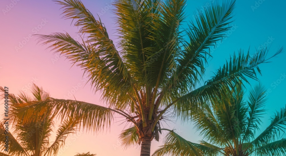 Fototapeta premium Vibrant Pink and Blue Sunset Behind Silhouetted Palm Trees