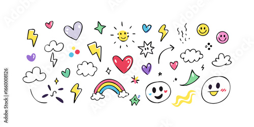 Playful doodle elements hearts smiles lightning bolts
