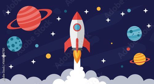 Rocket ship launch in space with planets and stars vector illustration graphic background for kids and children