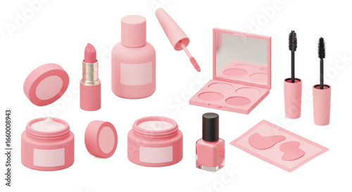 Pink beauty products makeup set collection cosmetic essentials skincare and nail polish flat lay still life 100 characters