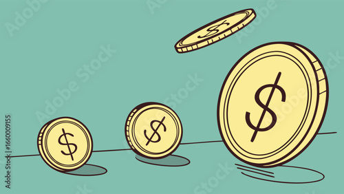 Three Cartoon Dollar Coins in Motion.