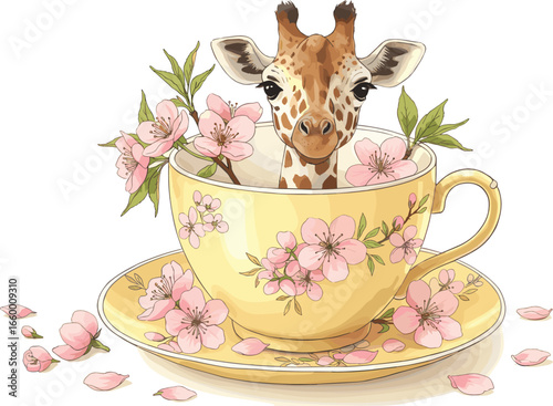 Adorable giraffe in yellow teacup with pink blossoms, whimsical animal art, floral illustration, cute design, pastel tones, spring vibes