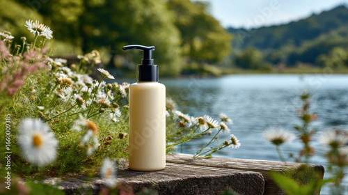 Realistic body lotion pump bottle stands elegantly wooden surface surrounded by vibrant flowers, with serene lake and lush greenery background, evoking sense of tranquility and natural beauty
