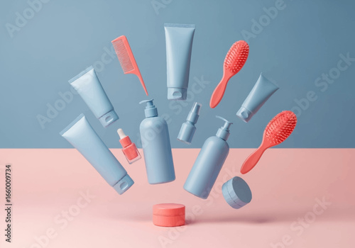 Beauty products flat lay mockup for skincare and haircare with pastel colors for advertising and promotion
