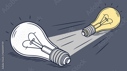 Two incandescent light bulbs rolling emitting light beams.
