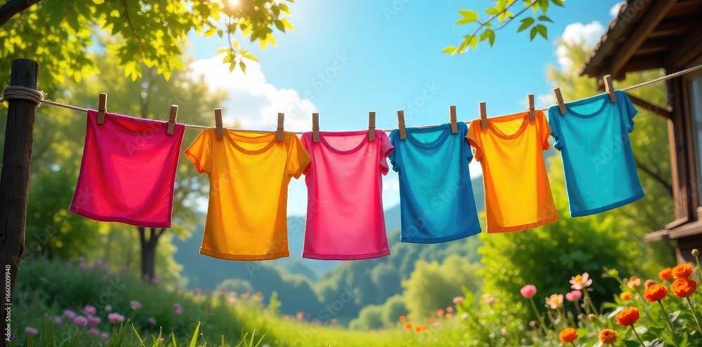 custom made wallpaper toronto digitalA vibrant summer scene featuring brightly colored clothing hanging on a rustic clothesline, gently swaying in the breeze Perfect for laundry, summer, home, and outdoor themes , linen, laundry