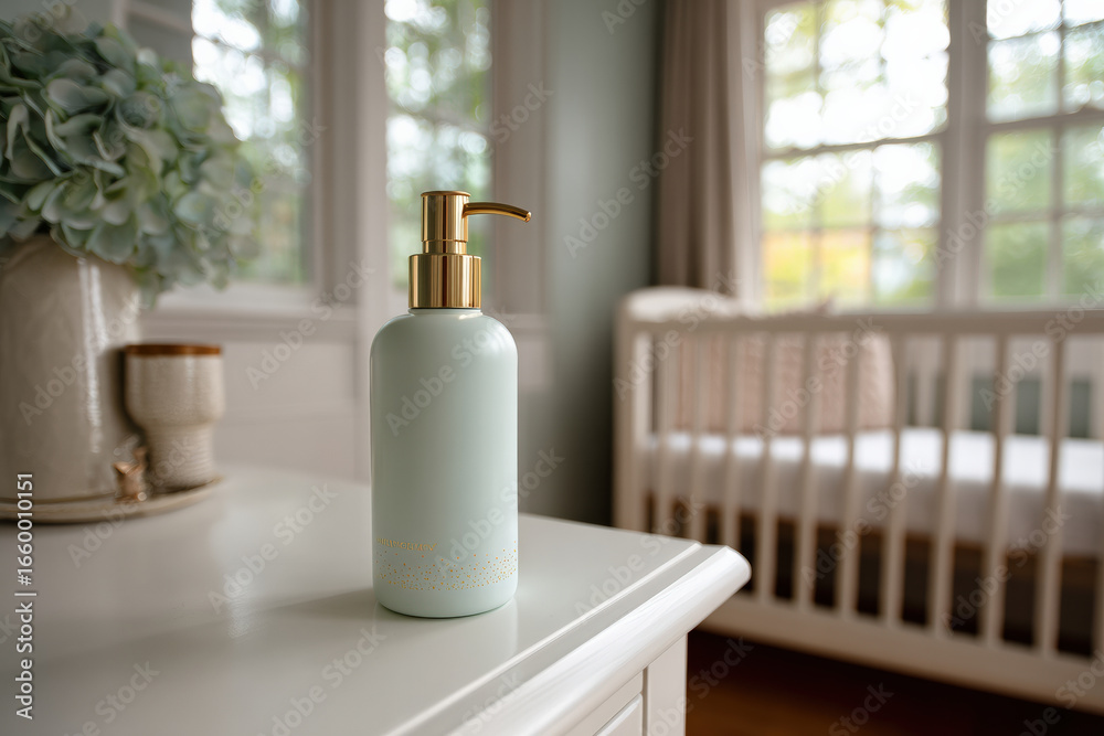 Stylish body lotion pump bottle sits elegantly on white table in softly lit nursery. serene atmosphere is enhanced by gentle colors and natural light streaming through windows Stylish body lotion pump bottle sits elegantly on white table in softly lit nursery. serene atmosphere is enhanced by gentle colors and natural light streaming through windows