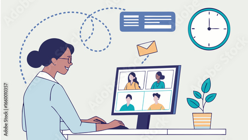 Woman in a Video Conference Call with Colleagues on a Computer.