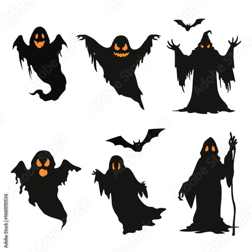 Halloween Specter isolated in White background, silhouette Set, Halloween theme, Vector illustration