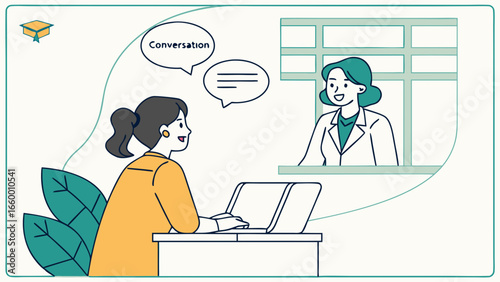 Woman in Online Video Call with Doctor Laptop on Desk Conversation Bubble.