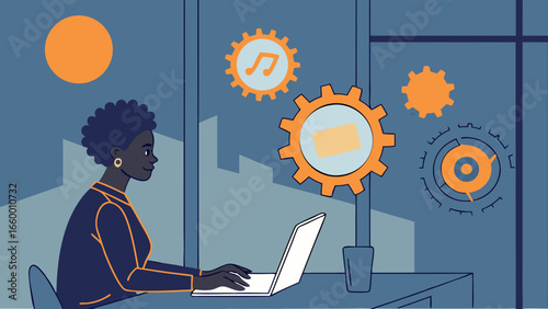 Woman Working on Laptop at Night with Abstract Gears.