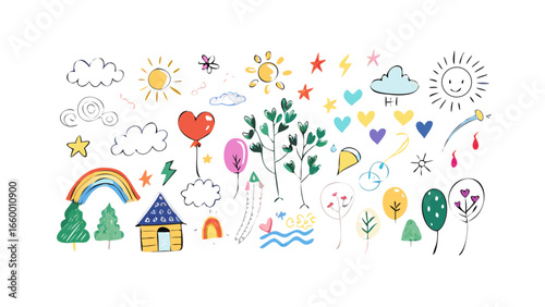 Whimsical doodle elements with nature and weather motifs