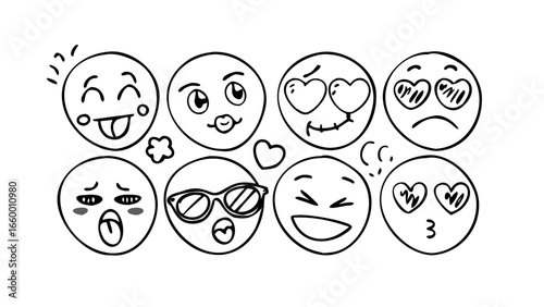 Whimsical doodle emoji faces cute