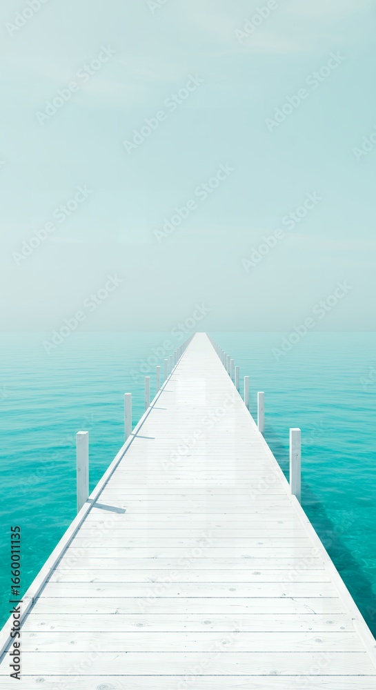 Obraz premium Wooden pier stretching out into calm turquoise ocean under clear sky