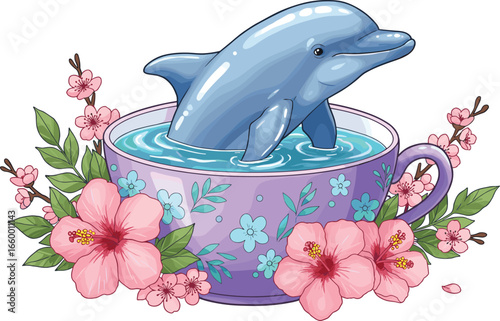 Cute dolphin in purple teacup with floral decorations, whimsical marine illustration, adorable ocean animal, pastel colors, spring floral fantasy