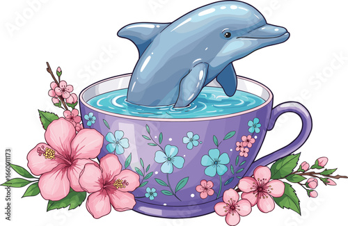 Cute dolphin in purple teacup with floral decorations, whimsical marine illustration, adorable ocean animal, pastel colors, spring floral fantasy