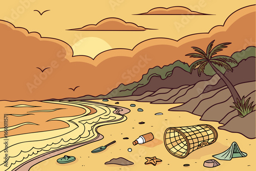 Polluted beach illustration with plastic waste at sunset environmental concept