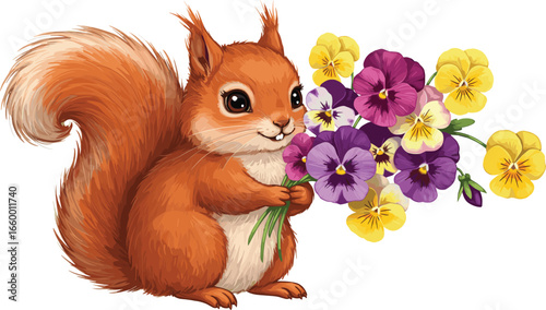Cute red squirrel holding colorful pansy flowers, charming animal illustration, whimsical spring bouquet, cartoon woodland creature, adorable wildlife character art