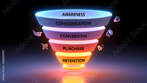 Glowing 3D Sales Funnel: Awareness, Consideration, Conversion, Purchase, Retention Stages.