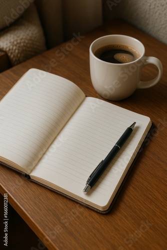 Cozy desk with open notebook, pen and coffee—ideal for writing, journaling, planning, study, and productivity themes.