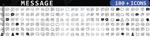Message line icon set. Talking bubble, conversation, discussion, dialogue, chat, social networks, text, video, audio message. Internet communication. Outline icon in linear style. Vector collection.
