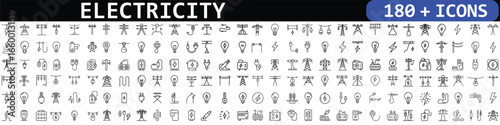 Electricity line icons set. Electric power line, light bulb, cable, wire, voltage and electrical equipment. Outline vector icon in linear style. Pictogram collection. 