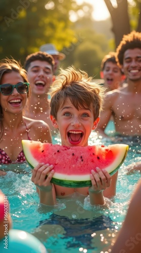 Summer pool party full of joy with friends enjoying watermelon at sunset