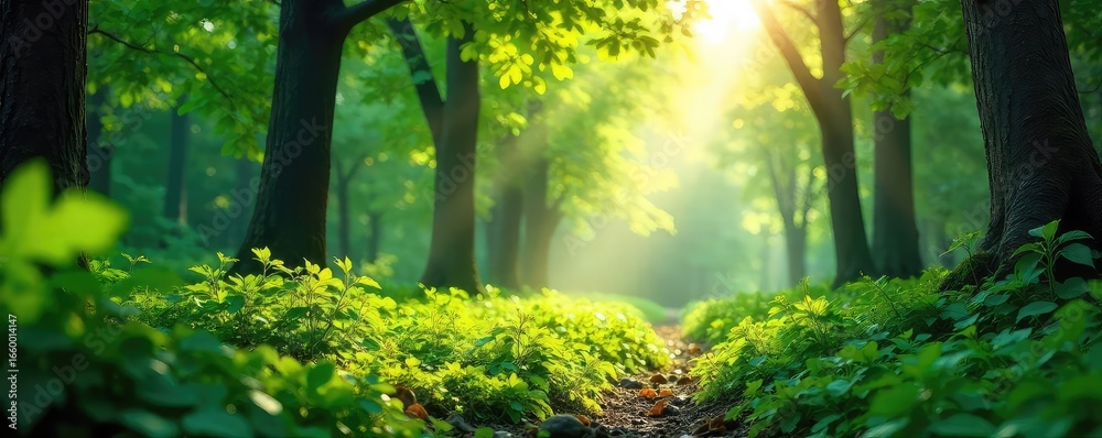 Fototapeta premium Sun-Dappled Forest Vibrant Green Foliage and Tranquil Atmosphere - Perfect for Travel, Nature Documentaries, and Environmental Themes