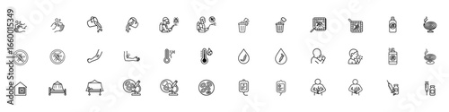 set of dengue related line icon and edit able stock for Mosquito in Net, Dustbin Disposal, health Worker Spraying, Emptying Water Bucket, Hands Washing ,No Aspirin Allowed vector illustration 