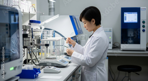 Dedicated Female Scientist Precisely Measuring Samples in a High-Tech Research Laboratory