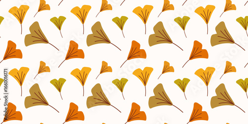 Horizontal autumn seamless pattern with gentle japanese leaves. Flat vector illustration. Hand drawn style. Perfect for background, textile, apparel, packaging, wallpaper.