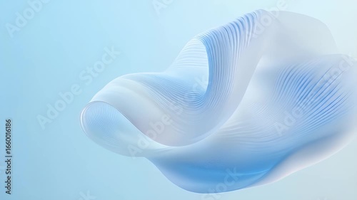 Abstract 3D Shape with Intersecting White and Pale Blue Curved Lines on Light Blue Gradient Background Creating a Modern Digital Art Piece