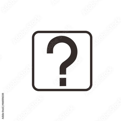 A simple graphic showing a dark question mark inside a square frame, isolated.