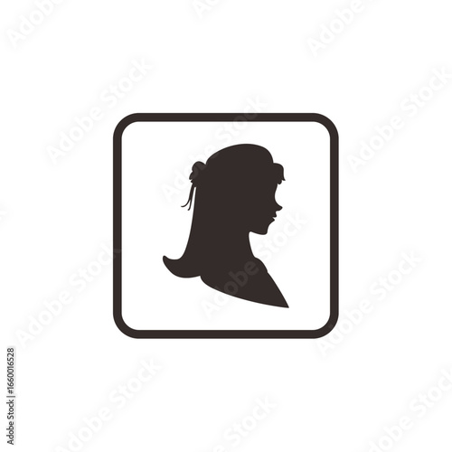 Silhouette profile of a woman's head and shoulders, framed in a square.