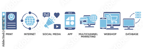 Cross-media icon set vector illustration concept relate to print, internet, social media, app, multichannel marketing, webshop and database