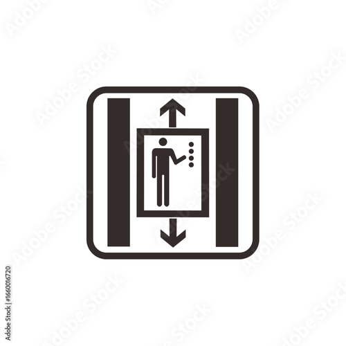A simple elevator icon depicting a person inside a lift, with up and down arrows.