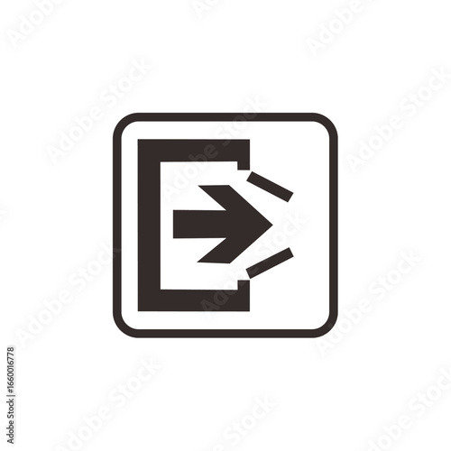 Exit sign with an arrow pointing right, indicating a way out, displayed in a square frame.