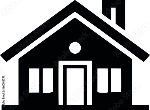 Vector art of simple black house icon with chimney and windows