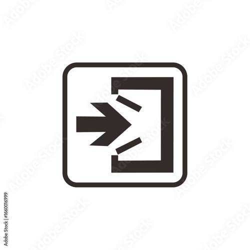 A simple graphic of an arrow pointing towards a doorway, indicating an entrance or entry point.