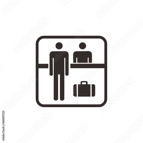 Simple graphic of two people interacting at a hotel reception desk with luggage.