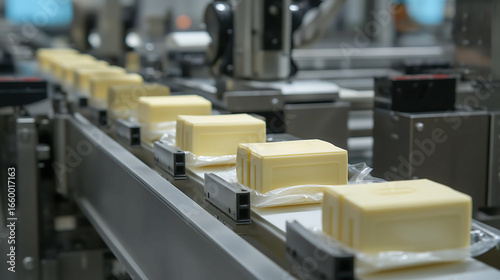 A robotic arms on the supply chain conveyor belt packing butter bars. focusing more on robotic arm and packaging