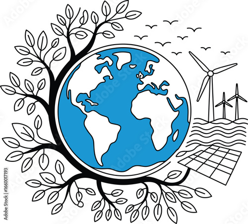 Earth with Tree Wind Turbines Solar Panels and Birds Environmental Sustainability