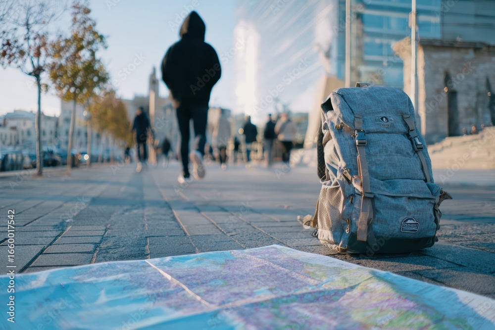 Obraz premium backpack on pavement beside map, person in hoodie walking away