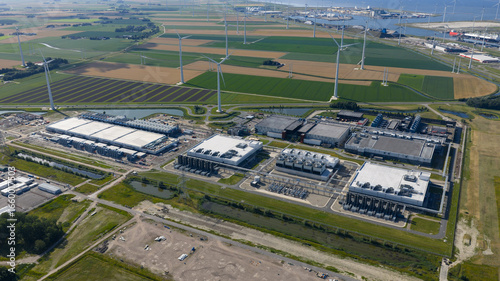 massive data center, computing center, aerial video in the Eemshaven, The Netherlands.