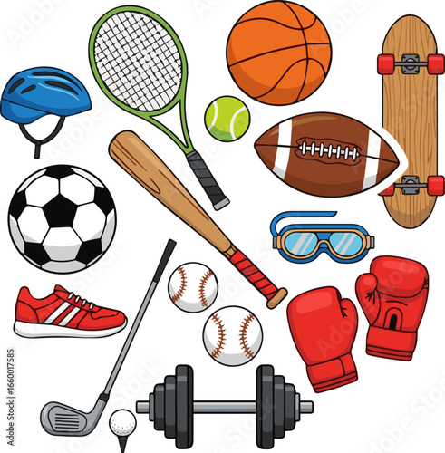 Create a kinds of deferent sports item vector art with white background.