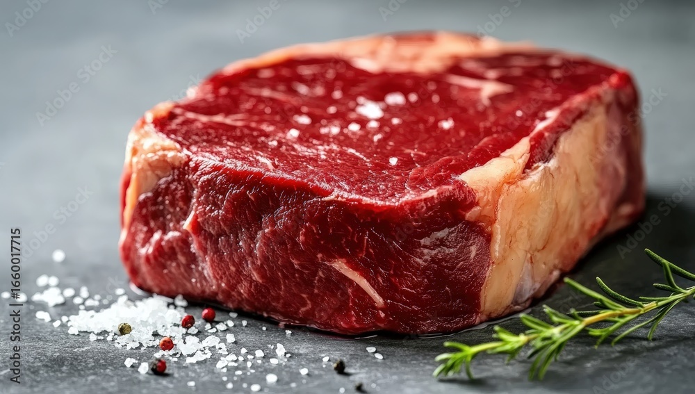 Obraz premium A fresh raw steak seasoned with coarse salt, peppercorns, and garnished with rosemary on a dark surface.