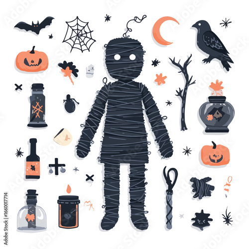 Halloween Voodoo Doll isolated in White background, silhouette Set, Halloween theme, Vector illustration