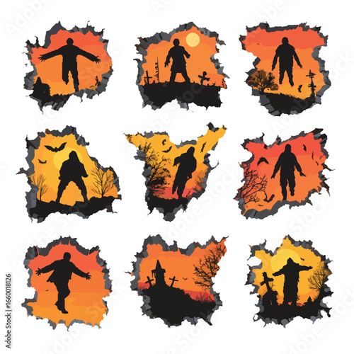 Halloween Wall Cracks in Human Shape isolated in White background, silhouette Set, Halloween theme, Vector illustration
