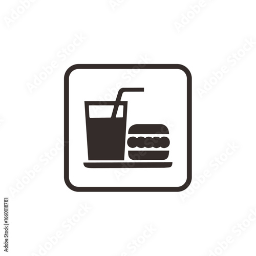 Simple black icon depicting a drink and a burger on a plate, signifying food and beverage service.